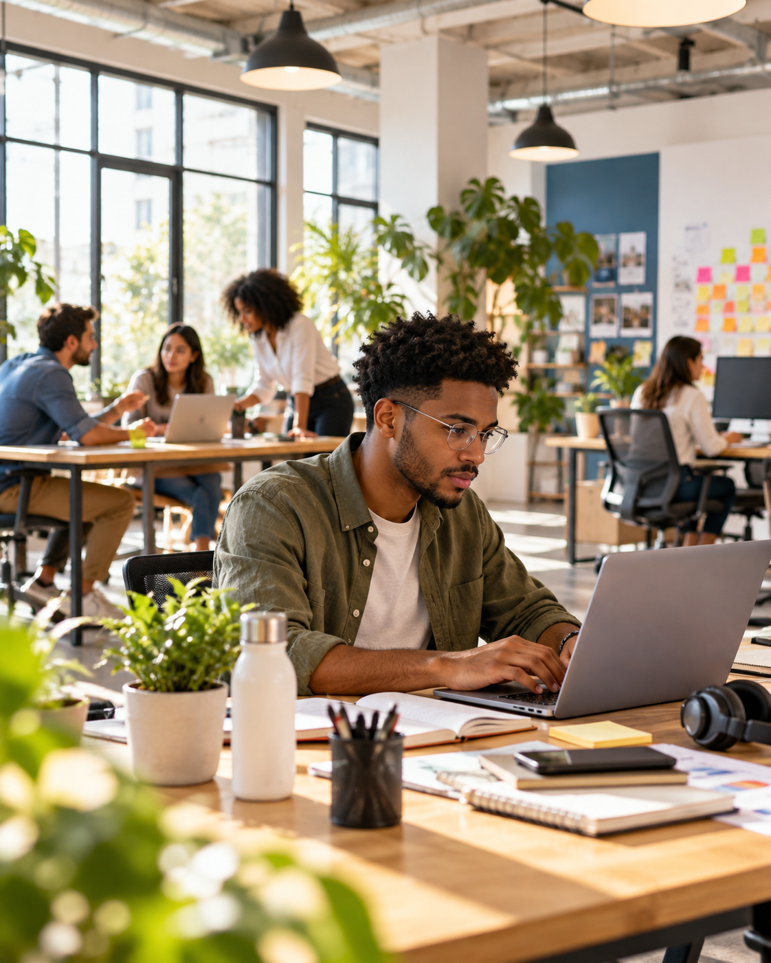 Un apprenant au travail dans un espace de travail partagé