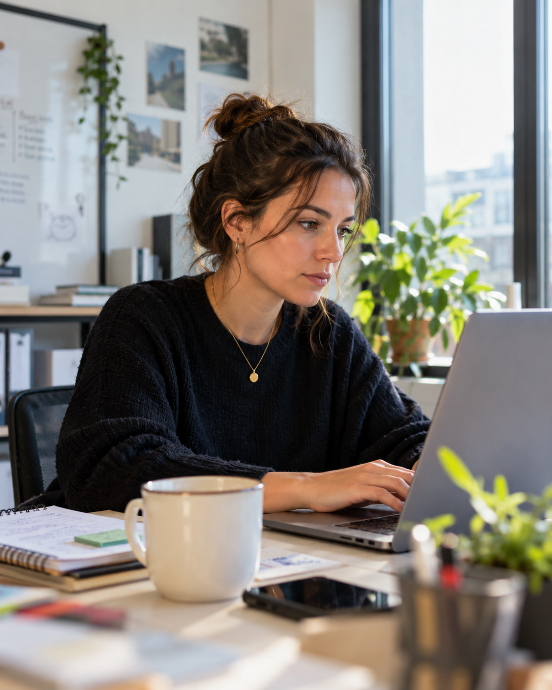 Une apprenante travaillant sur son ordinateur portable, dans un bureau